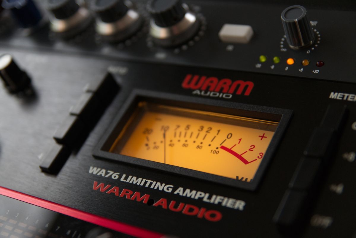 Close-up of a Warm Audio WA76 limiting amplifier with detailed meter display.